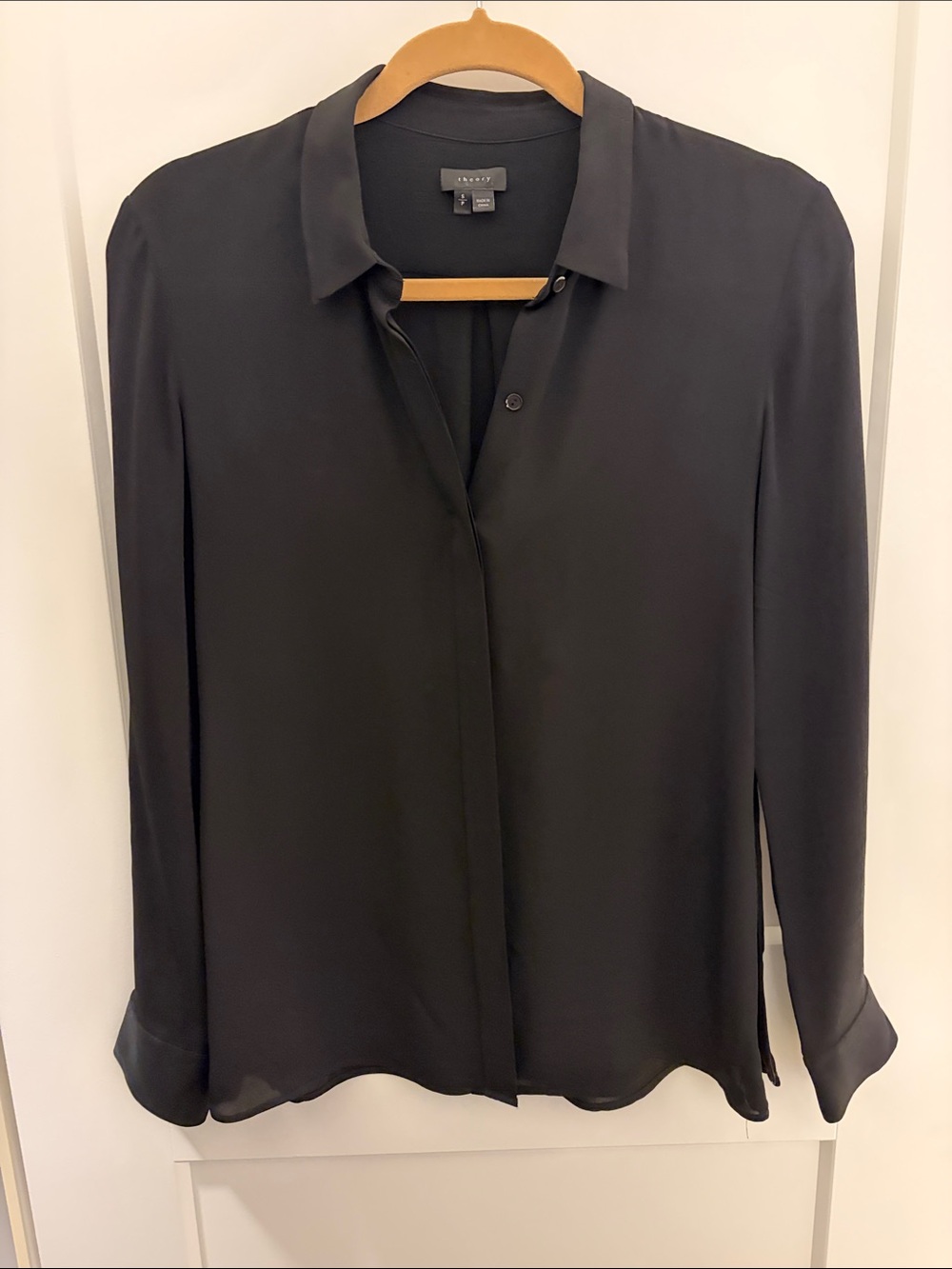 Theory Black Long-Sleeve Silk Button-Down Shirt